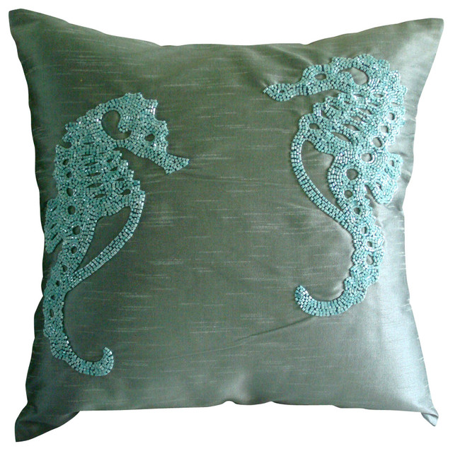 Beaded Sea Horse Art Silk Blue Pillow Covers, Sea Horse - Mediterranean - Decorative Pillows ...